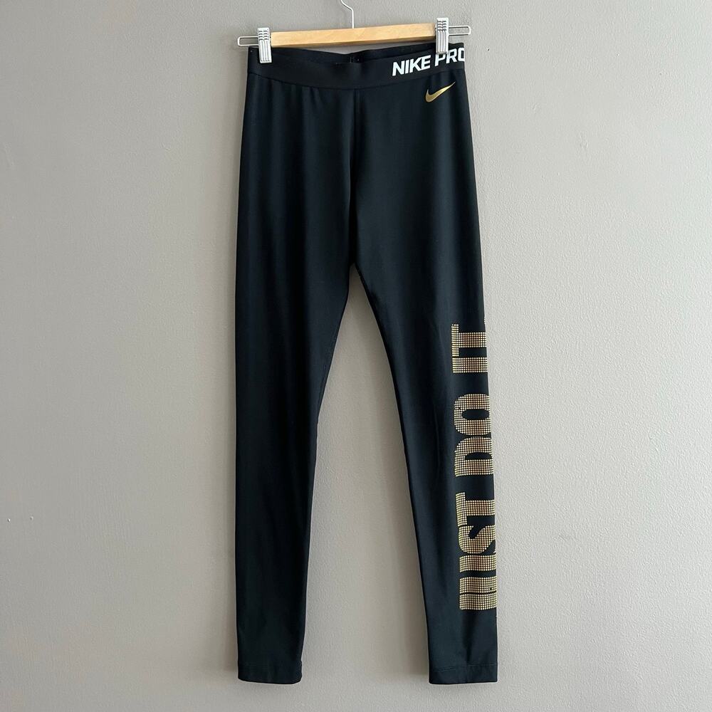 Nike Pro Dri-FIT Women M Black Leggings Just Do It Logo Compression Training 27”